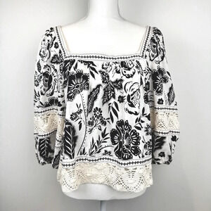 Christian Soriano Black and Cream Floral Boho Women's Top